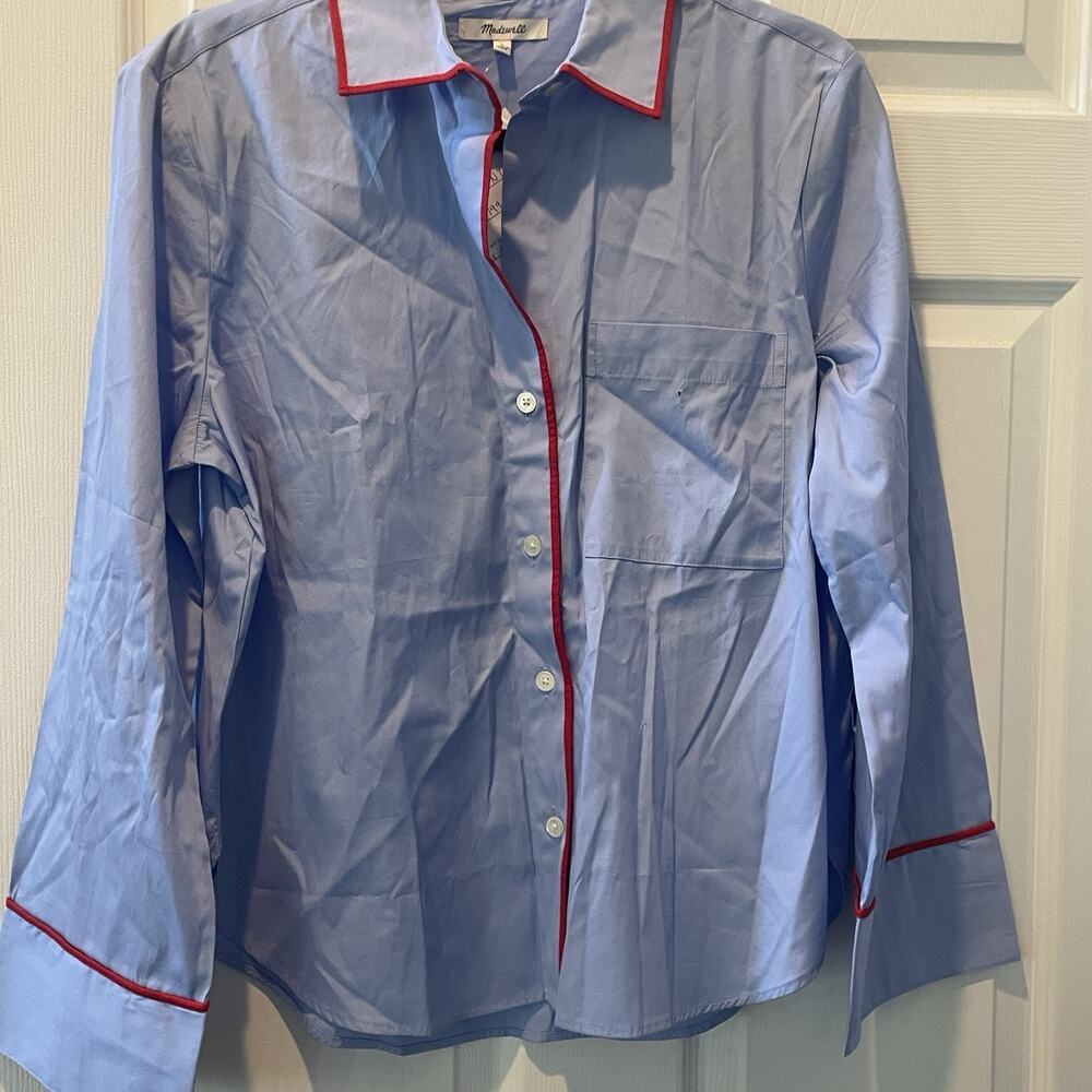 Madewell Signature Y-Neck Shirt in Poplin 100% Cotton Womens Size Small Blue #99 - Picture 7 of 8